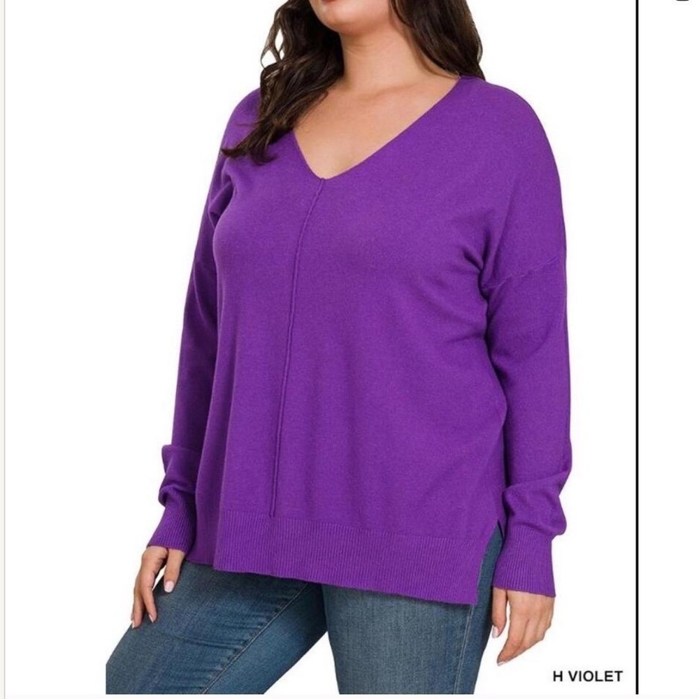NEW Zenana Large XL Purple V Neck Long Sleeve Sweater Top TW-2211D6
